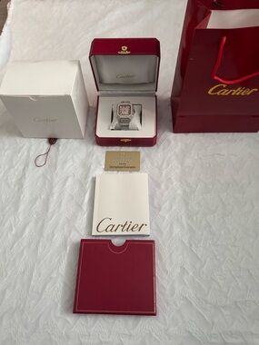Cartier Silver-Tone Diamond Accent Square Watch with Red Accessories